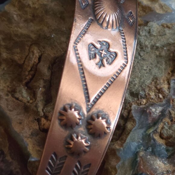 VTG Bell Trading Post Copper Cuff Bracelet Etched Thunderbird Tribal Arrow 1940s - Picture 6 of 8